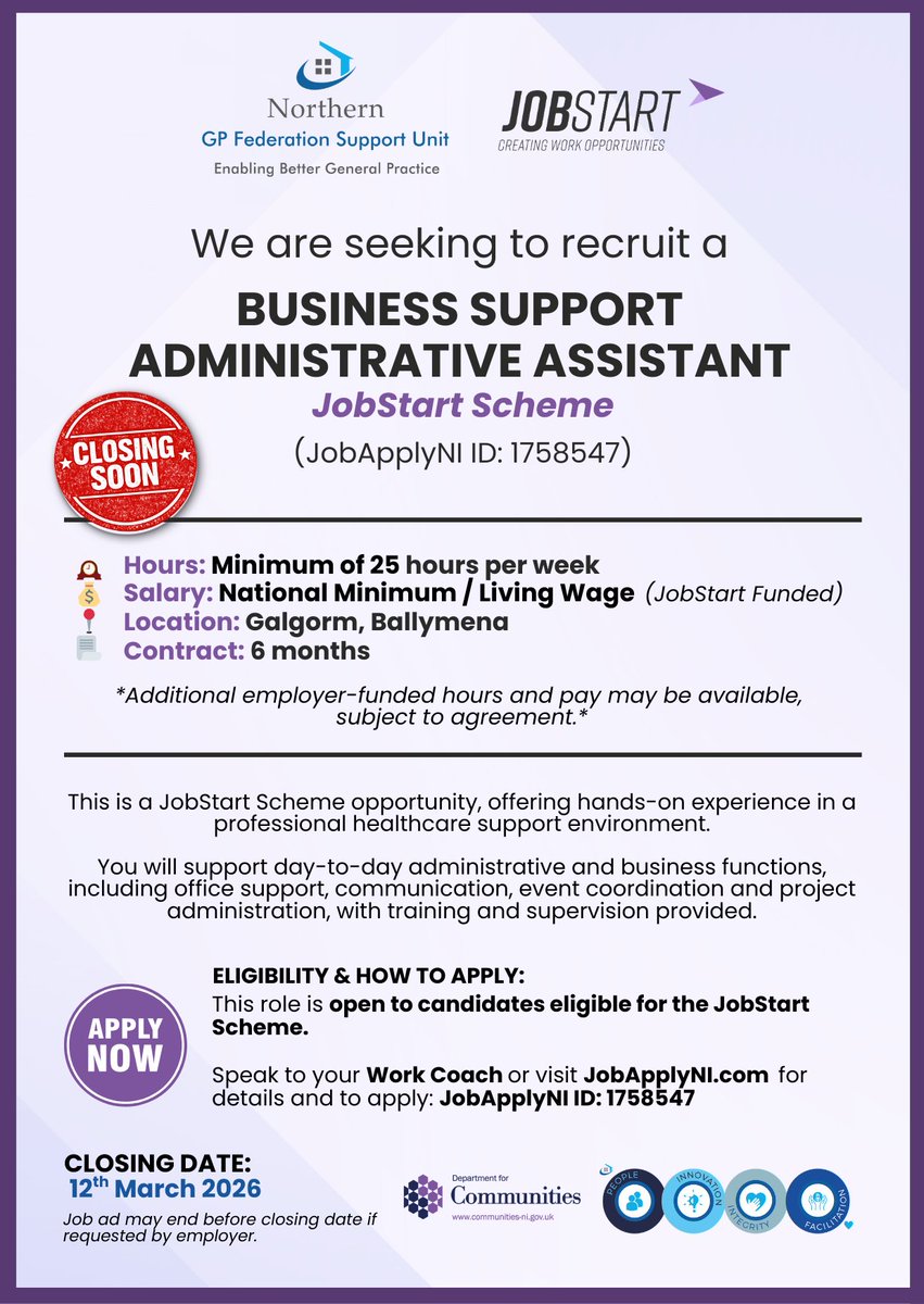⏰ LAST CHANCE TO APPLY

We are currently recruiting for a Business Support Administrative Assistant through the JobStart Scheme.

👉 If you are interested, speak to your Work Coach or view the role on jobapplyni.com

Closing date: 12th March
#jobstartscheme