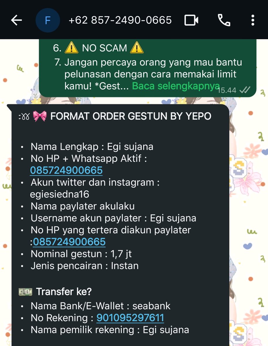 PENIPU EDIT TAGIHAN
Nama : Fikri Irawan &amp; Egi Sujana
Bank : Bank Saqu/Bank Jasa Jakarta (10093125776) &amp; Seabank (901095297611)
No HP nya  banyak

089676473873
0857-2490-0665

Modus gestun akulaku, gopaylater dan spaylater. Hati" para BA, pas mau lebaran gini makin banyak penipu.