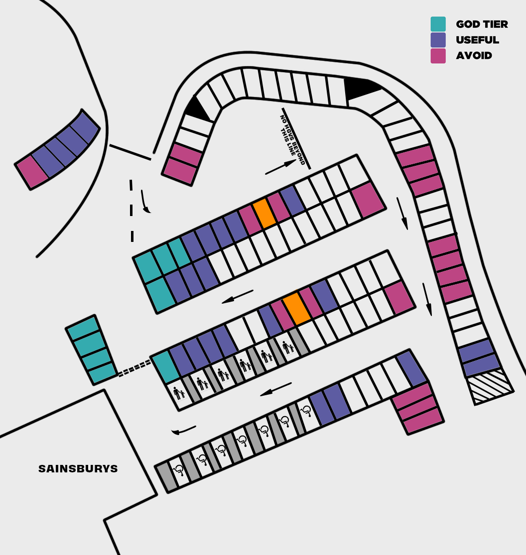 GarethWild's tweet photo. Like with the last challenge I have also compiled a handy guide showing the best and worst spaces to park in should you find yourself compelled to visit the historic market town of Devizes and frequent the Sainsbury’s carpark. Treat yourself. https://t.co/hHVyfH2uJG