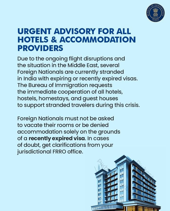 FranceBombay's tweet image. En raison des perturbations aériennes en cours, le Bureau of Immigration indien a demandé aux hôtels et autres hébergements de ne pas refuser une chambre, ni demander à un ressortissant étranger de quitter les lieux, au seul motif d'un visa récemment expiré.

#Inde #Voyageurs