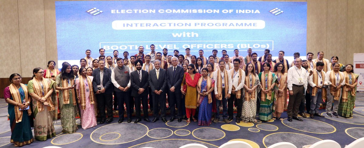 ECISVEEP's tweet photo. CEC Shri Gyanesh Kumar, along with ECs Dr. Sukhbir Singh Sandhu and Dr. Vivek Joshi, interacted with BLOs and felicitated them for their efforts during the conduct of SIR, during the Commission’s review visit to Kolkata for the forthcoming #WestBengalAssemblyElections2026 https://t.co/7q7umebRt0