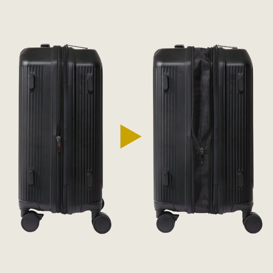 16インチのMacbookや、15.6インチのPCも収納可能な独立ポケットを搭載したスーツケース。

しかもワンタッチでオープンできるから、空港や新幹線の中など、移動中も素早く取り出せます。

拡張機能を使えば＋4cm厚くなるので、出張先や旅行先で急に荷物が増えても安心の大容量。