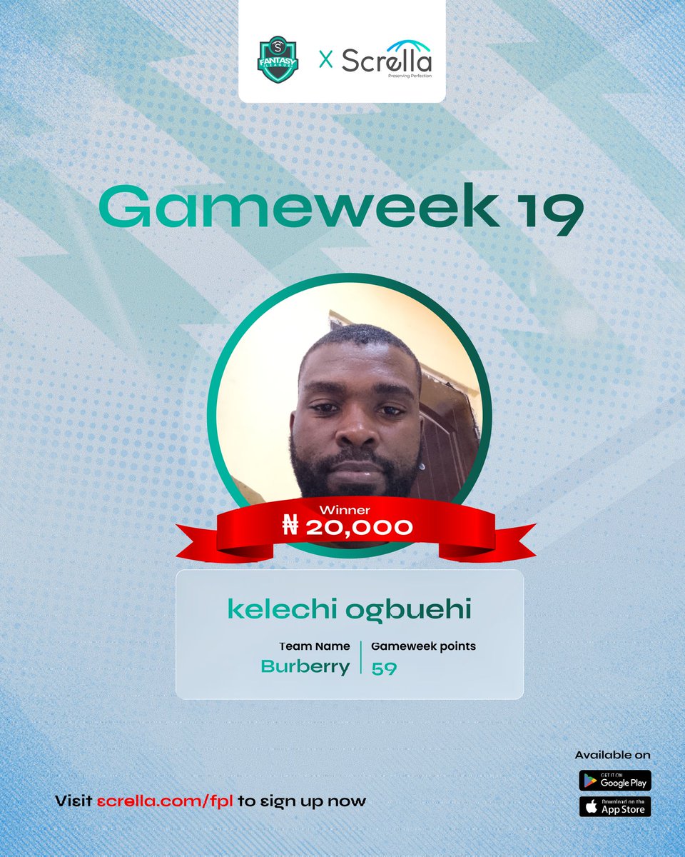 getscrella's tweet photo. Congratulations to our winners, @akintops_m and @keleychy

Your team could be next. Download Scrella, link your team on the app, get covered, and start winning 👍 . 

The season isn't over yet. Link your team, and you could be the next winner. 
#scrella #fpl #fpltips #screllafpl https://t.co/tJLGh7Q5y2