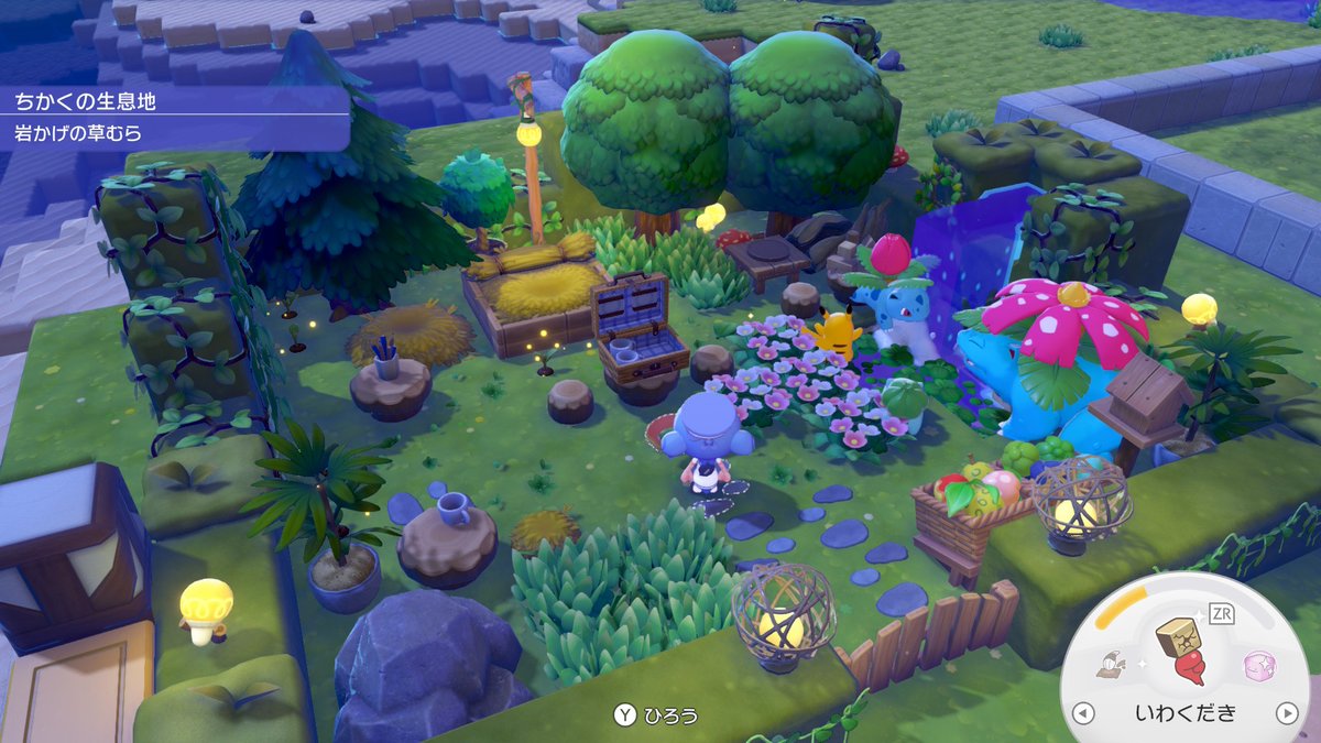 Next_gamer's tweet photo. ぽこあポケモンの家の最大サイズは、おそらく横12×奥11マスの囲い。この大きさで箱庭っぽく家を作るのが楽しい！中に生息地も作れば、ひとつの箱庭に10匹くらいポケモンが住んでくれる！みんなも箱庭作ってみてほしい。#ぽこあ https://t.co/VKywGojAY0