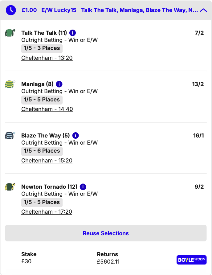 FootyAccums's tweet photo. 🔒 OUR HUGE ODDS EACH-WAY LUCKY 15 FOR DAY ONE OF CHELTENHAM IS PLACED!

❤️ If our Lucky 15 makes ANY profit: We will give away £50 to someone who LIKES this post & £50 to someone who REPOSTS it!

ADD DIRECTLY TO SLIP HERE 👉 https://t.co/shNpwVN57Q

👉 Bet £10 & get £50 in FREE BETS when you join here >>> https://t.co/VNzLr7zS9L

✅ BOYLE Sports are offering EXTRA PLACES on EVERY RACE!

AD | 18+ | T&C’s Apply | GambleAware