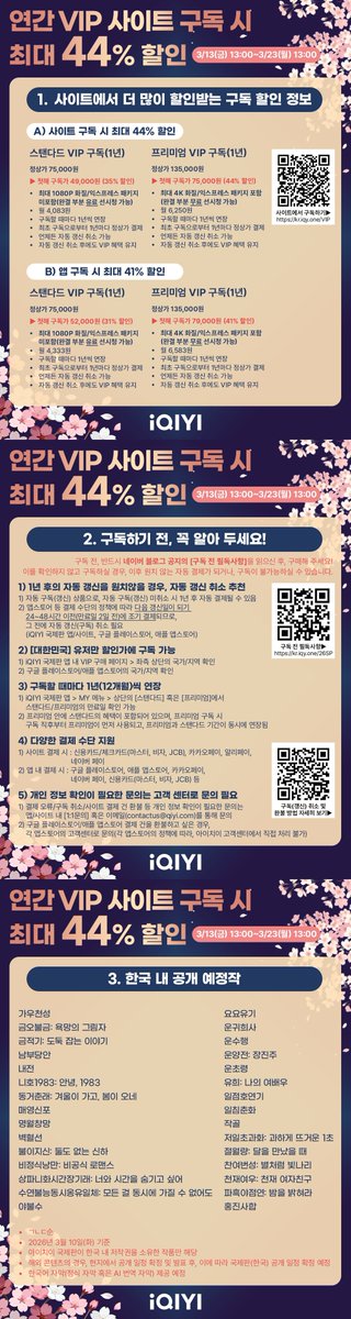 iqiyikorea's tweet photo. 🌸#아이치이 2026년 봄맞이 할인🌸
연간 VIP 사이트 구독 시 최대 44% 할인
📖안 보면 후회할 완벽 공략 가이드📖

놓치면 후회하는 연간 VIP 할인이 봄을 맞아 돌아왔습니다! 꽃 피는 봄, 당신의 마음에도 활짝 꽃피울 작품들을 국제판 사이트 한정 최대 44% 할인된 가격으로 만나보세요! 

구독 전, 반드시 [구독 전 필독사항 https://t.co/BRzaQMxHSY ]을 읽으신 후, 구매해 주세요! 이를 확인하지 않고 구독하실 경우, 이후 원치 않는 자동 결제가 되거나, 구독이 불가능하실 수 있습니다. 

🚨해당 할인은 자동 구독 상품으로, 구독 후에 1년마다 정상가로 자동 구독(갱신)하길 원치 않으시면, 미리 구독을 취소해 주세요. 구독 취소 후에도 VIP 혜택은 계속 누리실 수 있으며, 직접 구독을 취소하지 않으실 경우, 계속 결제됩니다.🚨 

📅할인 기간 : 2026년 3월 13일(금) 오후 1시~2026년 3월 23일(월) 오후 1시

VIP 한정 이벤트1) 광화문역/삼성역/신촌역/명동역 옥외광고 인증샷 이벤트(3/15~22) 
📝이벤트 참여: https://t.co/dDNoaBY2Ka  

인스타그램/X에 인증샷을 올려주시면, 추첨을 ���해 성하체통/소요/축옥의 공식 굿즈를 드립니다!

📍옥외광고 장소 및 기간
광화문역
🎞️3/15(일)~3/21(토) 6:00~24:00 (20초씩, 매일 100회)
광화문 청계한국빌딩 전광판 (서울시 종로구 청계천로 11 청계한국빌딩(벽면))
명동역
🎞️3/15(일)~3/21(토) 6:00~24:00 
명동 신한은행 전광판 (서울 중구 명동길 43(신한은행 명동금융센터))
명동 케이파이낸스타워  (서울 중구 남대문대 55 K파이낸스파워) (20초씩)
명동 K-Road Pole (서울 중구 명동2가 명동8길 일대(서울 명동중앙길 일대(자유표시구역 내 주요 보행축), 명동역 6번 출구 또는 8번 출구에서 도보 이동)) 
삼성역
🎞️3/15(일)~3/21(토) 6:00~24:00 (20초씩, 매일 100회)
파르나스 미디어 타워 (서울 강남구 테헤란로 521 그랜드 인터컨티넨탈 서울 파르나스 (삼성역 5번 출구 도보 2분 내외))
신촌역
🎞️3/15(일)~3/21(토)  6:00~24:00(20초씩, 매일 100회)
현대백화점 신촌점 유플렉스(U-PLEX) 옥외 대형 전광판 및 지하철 2호선 신촌역(8번 출구 부근)
현대백화점 지하연결통로(서울시 서대문구 연세로13)

🌟등장 드라마 및 배우 리스트
<작골> 후명호(허우밍하오), 애미(아이미)
<저일초과화: 과하게 뜨거운 1초> 장릉혁(장링허), 왕초연(왕추란)
<절월량: 달을 만났을 때> 린이(임일), 노욱효(루위샤오)
<찬여번성: 별처럼 빛나리> 우서흔(위슈신), 진정가(천징커)
<축옥: 옥을 찾아서> 장릉혁(장링허), 전희미(톈시웨이, 티엔시웨이) (No particular order)

VIP 한정 이벤트2) 프리미엄 VIP 한정 추첨 이벤트
📝이벤트 참여: https://t.co/Q1VRar7k7n 
이벤트에 응모하시면, 추첨을 통해 총 33명에게 <쌍궤> 하여 친필 사인 및 교양사아/기착어적묘/무우도/백월범성/부산해/서권일몽/일소수가/임강선/천지검심/편애고근니/회수죽정 등의 공식 굿즈를 드립니다. 

#iQIYI #아이치이할인 #중국드라마 #중드 #중드추천 #태국드라마 #태드 #태드추천 #중국어 #중국어공부 #중국어회화 #태국어 #태국어공부 #태국어회화 #웹드라마 #드라마 #드라마추천 #드라마정주행 #Cdrama #ChineseDrama #ThaiDrama