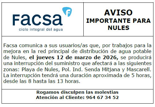 Facsa_es's tweet photo. ⚠️ AVISO #Nules: mañana 12/03, por trabajos de mejora en la red, se producirá un corte de suministro. Disculpen las molestias. #Facsa
@NulesInfo https://t.co/IWaPMqTYmh