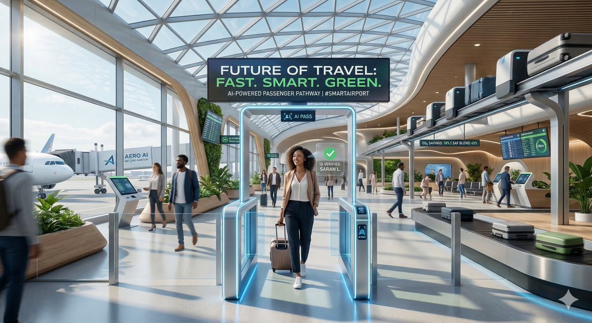 bidon_games's tweet photo. How AI is fixing the airport experience in 2026:

✅ Faster: Biometrics reducing security times by 40%.
✅ Smarter: Digital Twins managing gate changes in real-time.
✅ Greener: AI-optimized taxiing to slash ground-level emissions.

Travel is hitting 10B+ passengers this year—AI is the only way we keep up. 📈✈️ #Aviation #AI #SmartTravel