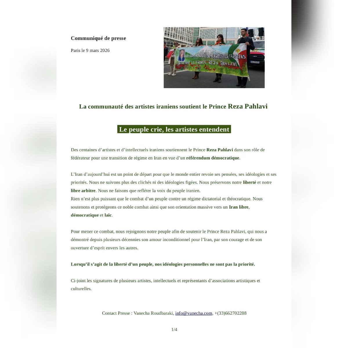 erazavi3's tweet photo. Reçu à l'instant, et très intéressant, car les artistes iraniens ont un rôle important : "Des centaines d' artistes iraniens soutiennent Reza Pahlavi dans son rôle de fédérateur pour une transition" https://t.co/tjFGdkmMyG