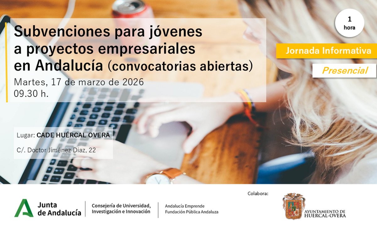📢Toma nota‼️ Jornada informativa Subvenciones  para jóvenes a proyectos empresariales en Andalucía. 
👉𝐏𝐫𝐨𝐠𝐫𝐚𝐦𝐚 𝐈𝐧𝐧𝐨𝐯𝐚𝐜𝐭𝐢𝐯𝐚

📆17 marzo
⏰9.30
🏛️#CADEHuercalOvera

ℹ️➕📝bit.ly/40iBVZY  ✅

#EmprendeAND #territorioemprende