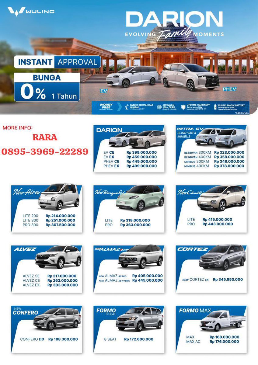 🔥 PROMO MOBIL LISTRIK WULING 🔥

💰 DP MULAI 10 JUTAAN
⚡ Mobil listrik modern &amp; hemat biaya
🔋 Baterai awet dan efisien
🌿 Ramah lingkungan – tanpa bensin

✨ Desain stylish &amp; nyaman untuk keluarga
✨ Cocok untuk dalam kota maupun perjalanan jauh
