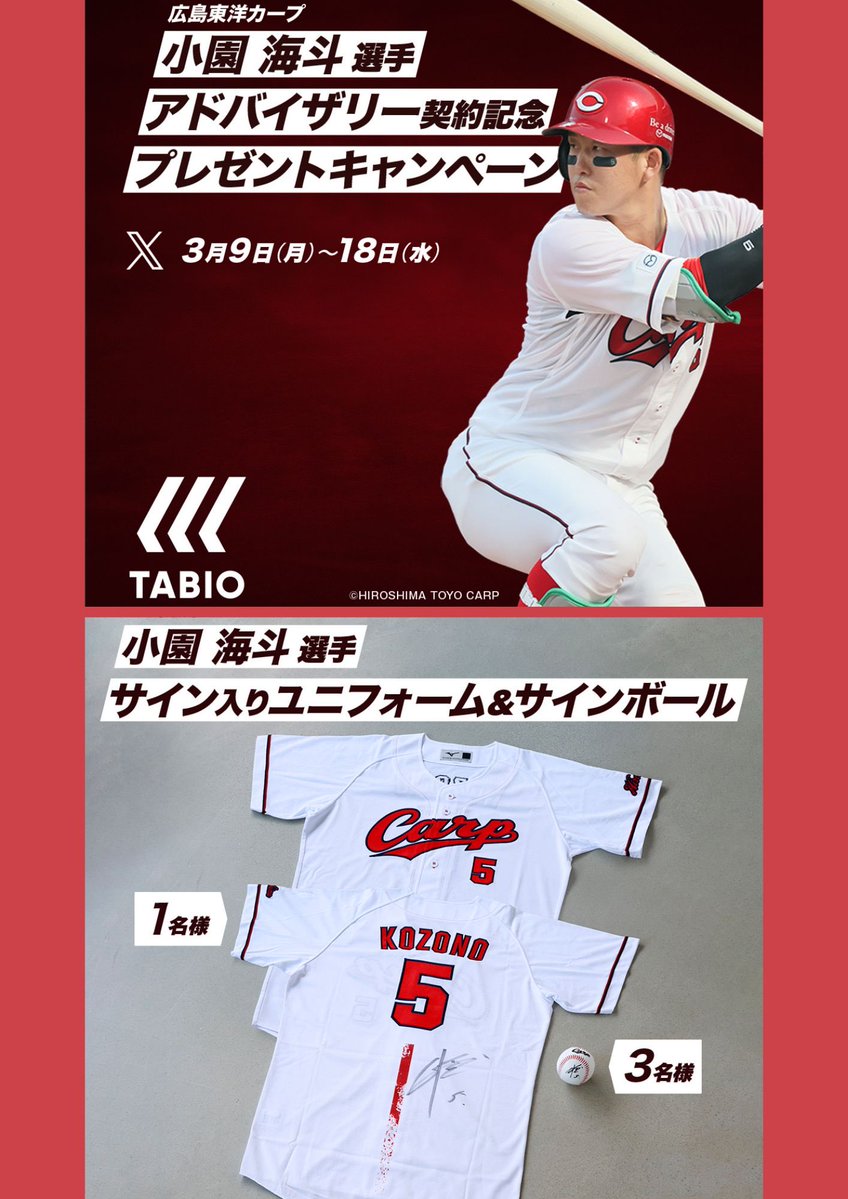 タビオスポーツ公式アカウントを
<a href="/TABIOSPORTS/">TABIO_SPORTS タビオスポーツ</a> フォロー&amp;リポストで

　　　カープ 小園海斗選手の
＼直筆サイン入りグッズを当てよう／

レア過ぎる企画なのでぜひ🎏🥰