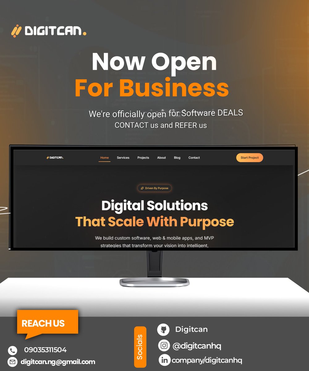 DigitcanNG's tweet photo. Digitcan is officially Open for Business 🚀
We build custom web/apps and MVPs designed to scale.
Got a project in mind? Let’s build something intelligent together.
📩 digitcan.ng@gmail.com
#BuildInPublic #TechTwitter #Startups https://t.co/iPY75IbgPe