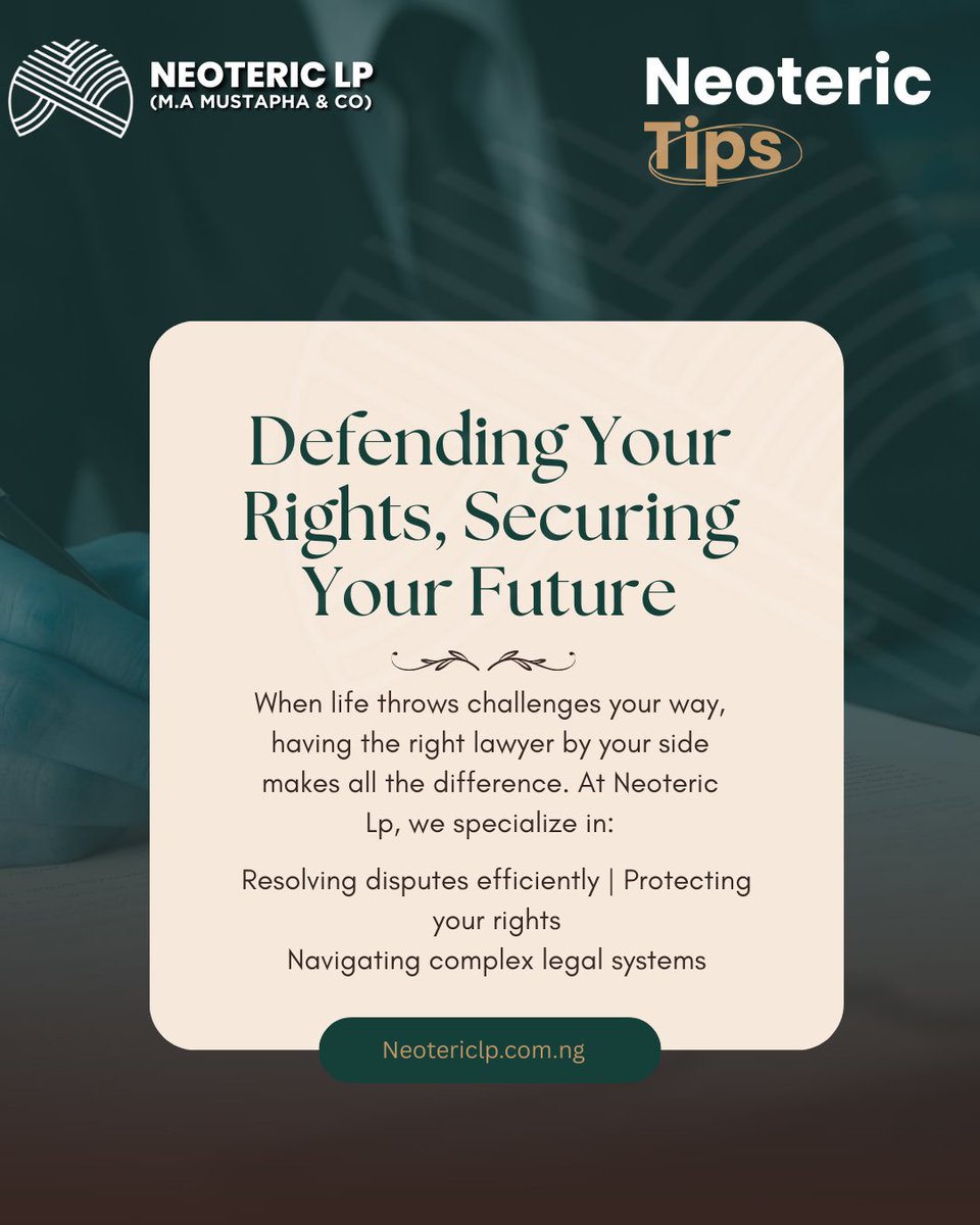 Neoteric_LP's tweet photo. Expertise you can trust. Protection you can feel. At Neoteric LP, we don't just practice law, we champion your rights and safeguard your tomorrow.
#Legaladvise
#legalservice
#law https://t.co/BdOsIBuk1W