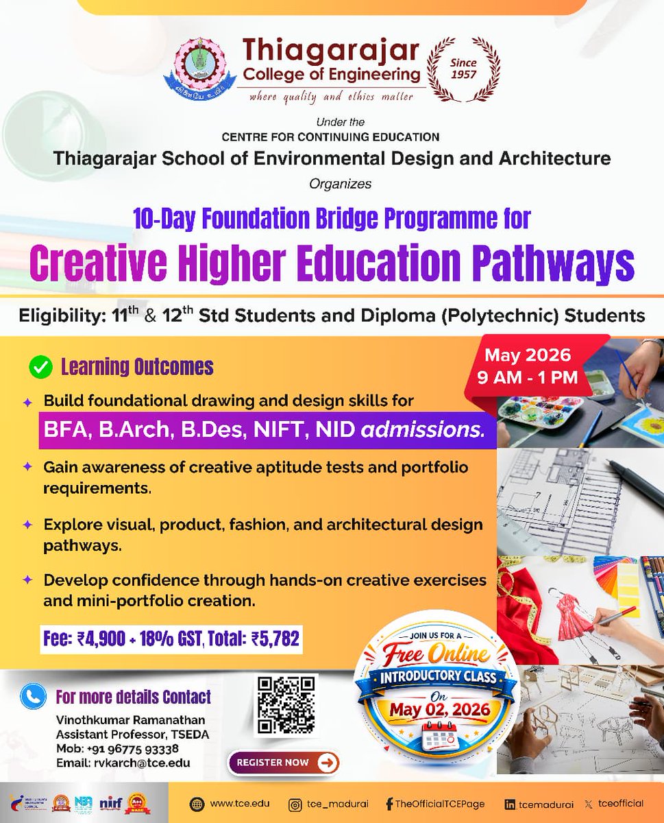 tceofficialpage's tweet image. 🎨 10-Day Foundation Bridge Programme | T’SEDA – TCE
For B.Arch, B.Des, NIFT, NID &amp;amp; BFA aspirants.
🖌️ Drawing basics | Portfolio | Creative aptitude
👩‍🎓 11th, 12th &amp;amp; Diploma students
📅 May 2026 | Free intro: May 2
💰 ₹5,782
#TCE #TSEDA #DesignCareer #BArch #BDes #DesignAspirants