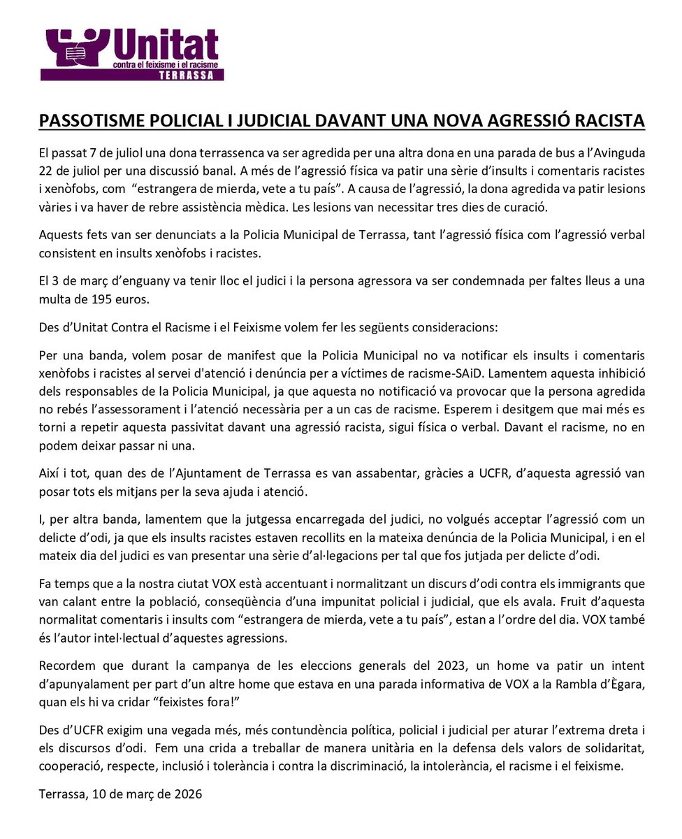 UCFR Terrassa (Unitat Contra Feixisme I Racisme) tweet media