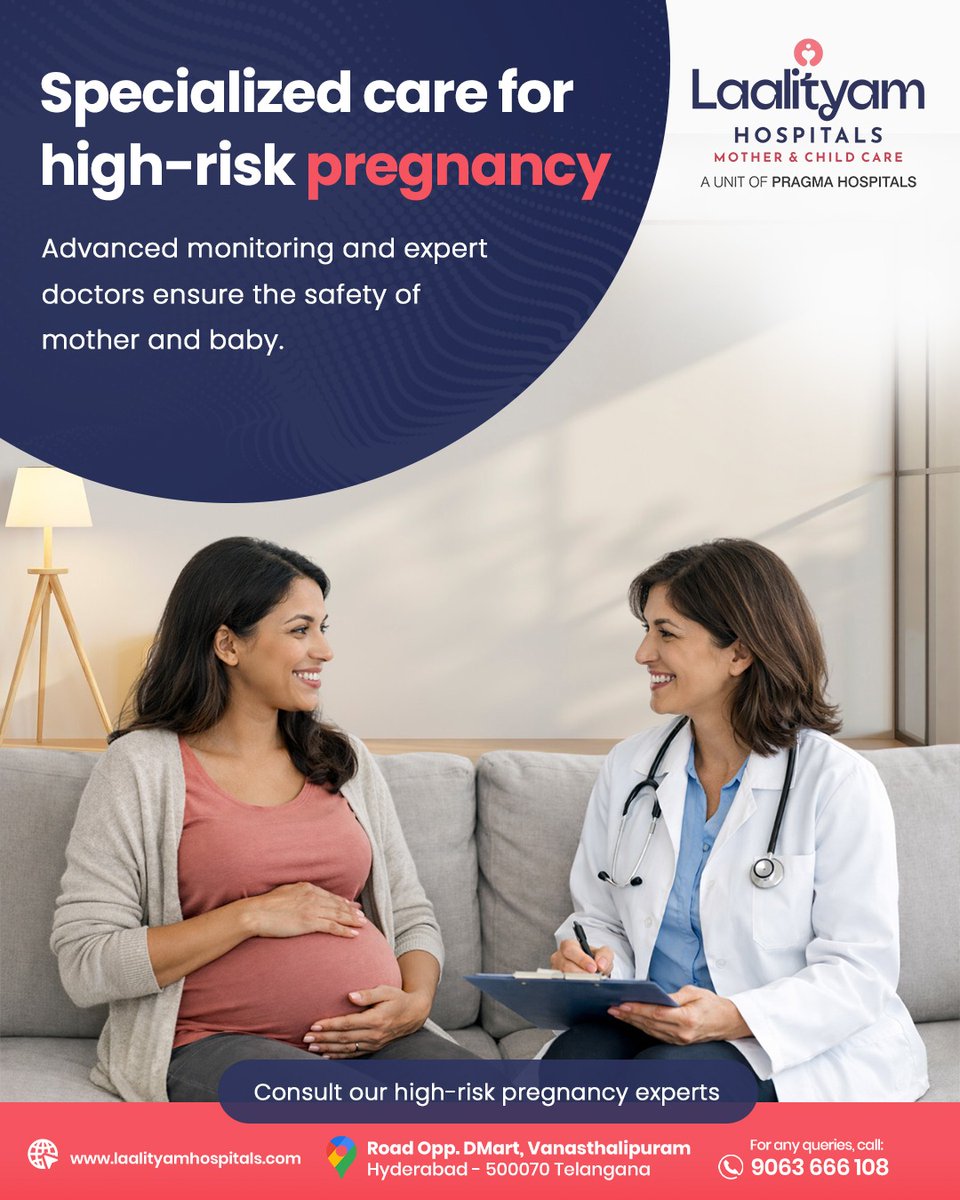 laalityamh50069's tweet photo. 👶 Specialized care when it matters the most.
At Laalityam Hospitals – Mothers &amp; Child Care, our expert doctors provide advanced monitoring and dedicated support for high-risk pregnancies.
#pregnancycare #maternityhospital #womenshealth #gynecologist #motherandbaby https://t.co/4J093kNAgA