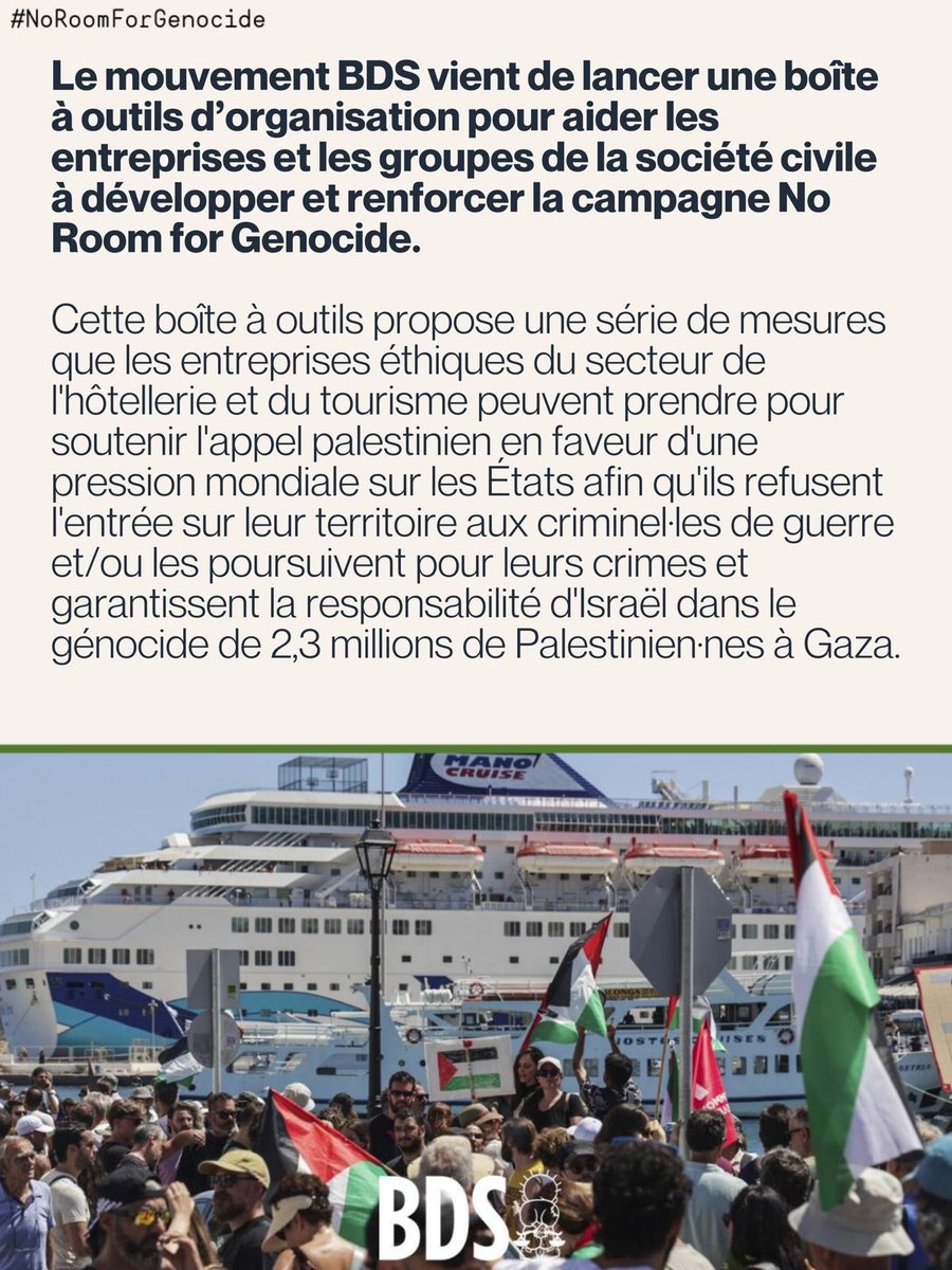 Campagnebds's tweet photo. « Les criminel·les de guerre ne sont pas les bienvenu·es ».
 
Le mouvement BDS vient de lancer une boîte à outils organisationnelle pour aider les entreprises et les groupes de la société civile à développer et renforcer la campagne No Room for Genocide.
 
1/3 https://t.co/P376I3lODW