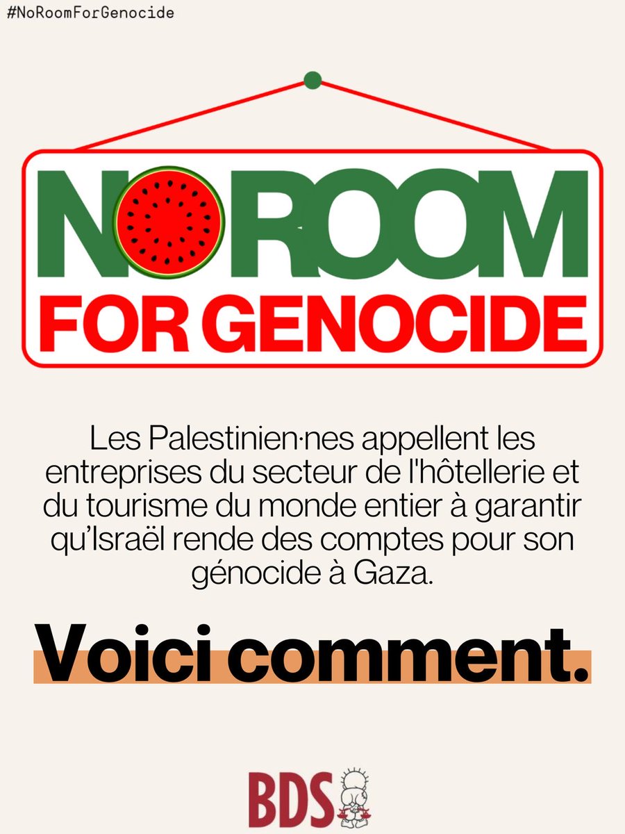 Campagnebds's tweet photo. « Les criminel·les de guerre ne sont pas les bienvenu·es ».
 
Le mouvement BDS vient de lancer une boîte à outils organisationnelle pour aider les entreprises et les groupes de la société civile à développer et renforcer la campagne No Room for Genocide.
 
1/3 https://t.co/P376I3lODW