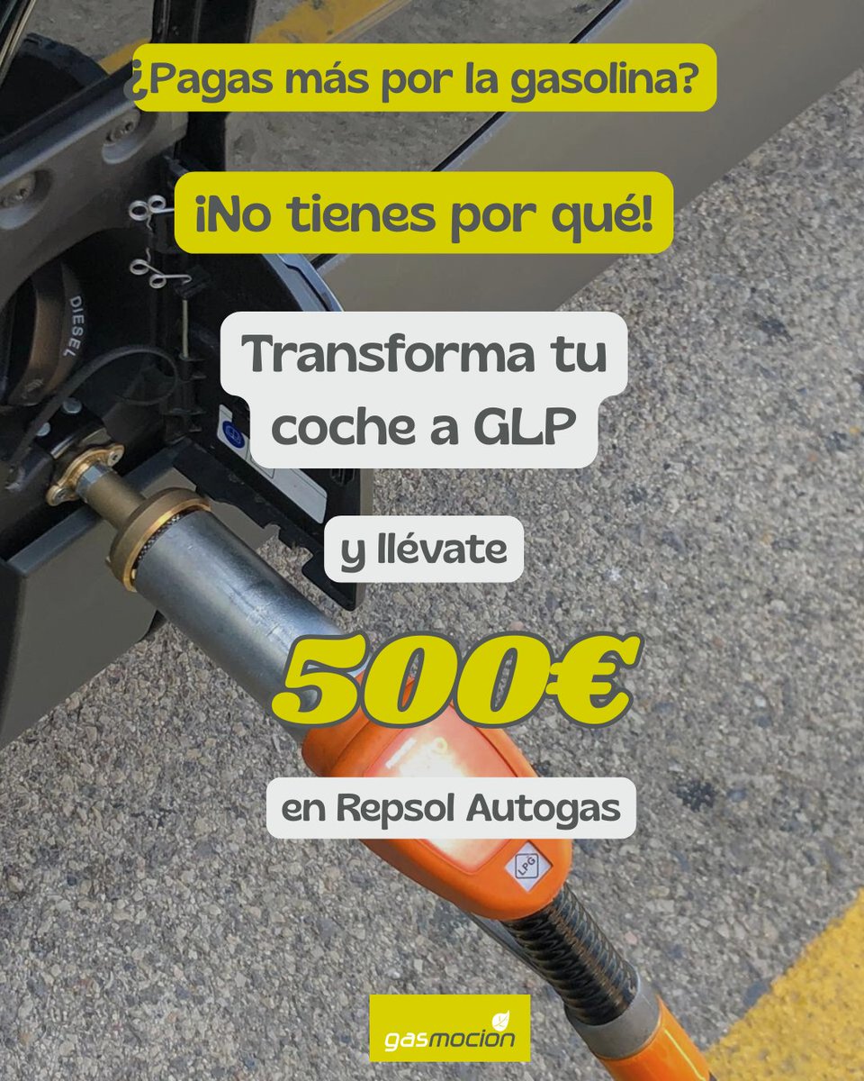 gasmocion's tweet photo. 📈 ¿Estás pagando mucho más por la #gasolina? ¡Deja de hacerlo!
💶 Transforma tu coche a #GLP y pásate a un precio más estable.
⌛ Y, si lo haces antes del 30 de abril, te llevas 500€ en carburante #Repsol Autogas.
 ⛽ Convierte tu coche a GLP desde 970€ IVA incluido. https://t.co/GLagSLYJcx