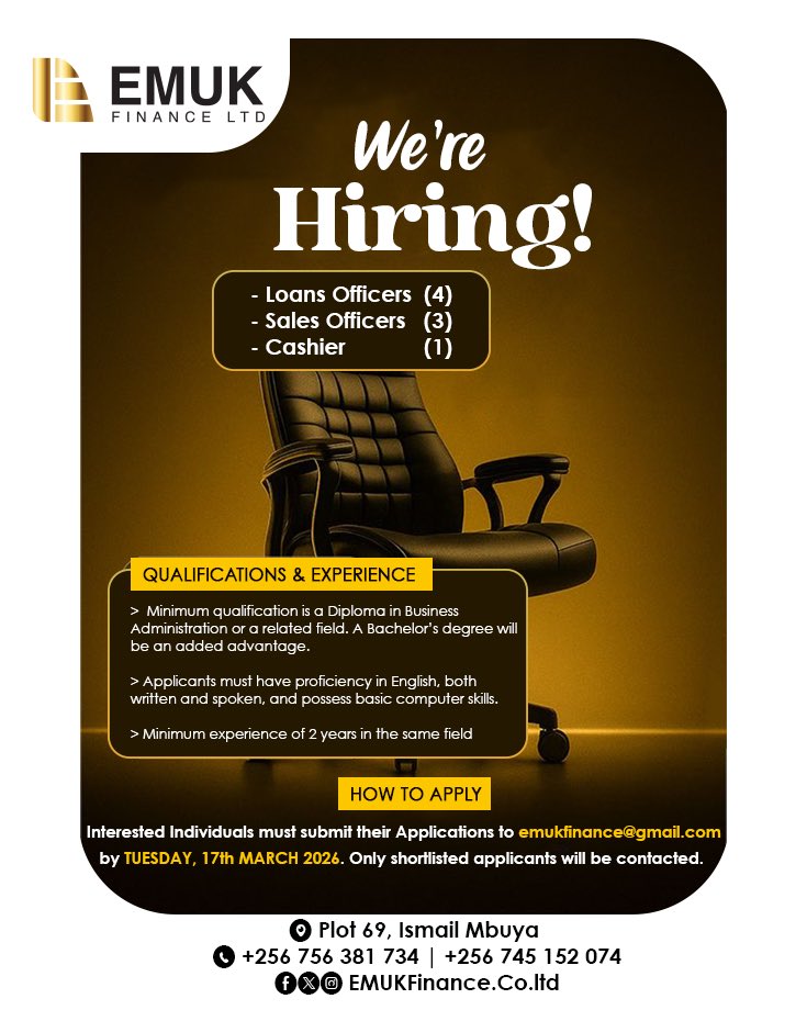 EmukFinance_ltd's tweet photo. WE’RE HIRING

EMUK FINANCE LTD is seeking competent,professional and experienced individuals looking to advance their career in microfinance.

Interested applicants are encouraged to apply.
For more details check the post below.
#emukfinance
#financingdreams https://t.co/SevGcYW2i1