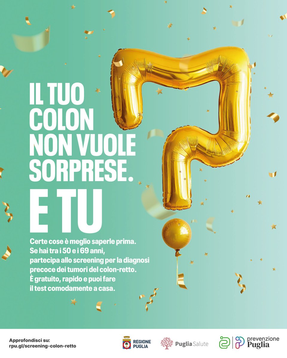 RegionePuglia's tweet photo. 📌 Marzo è il mese dedicato alla prevenzione del tumore del #colonretto.
Hai compiuto 50 anni?
👫 Da ora e fino ai 69 anni, Regione Puglia offre a donne e uomini lo screening oncologico del colon-retto.
➡️Approfondisci su: https://t.co/w6W0ENTDCM
#PrevenzionePuglia https://t.co/RokgsecpYw