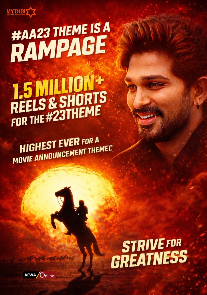 MalluArjun_Army's tweet photo. #AA23 Theme is a RAMPAGE ๐ฅ
Over 1.5 MILLION+ Reels & Shorts created for the #AA23Theme โคโ๐ฅ
A historic milestone โ HIGHEST EVER for a movie announcement theme ๐ฅ
Icon Star #AlluArjun setting new benchmarks once again! ๐ฅ
STRIVE FOR GREATNESS ๐ฅ
@alluarjun #MalluArjun https://t.co/DBCSOjafVu