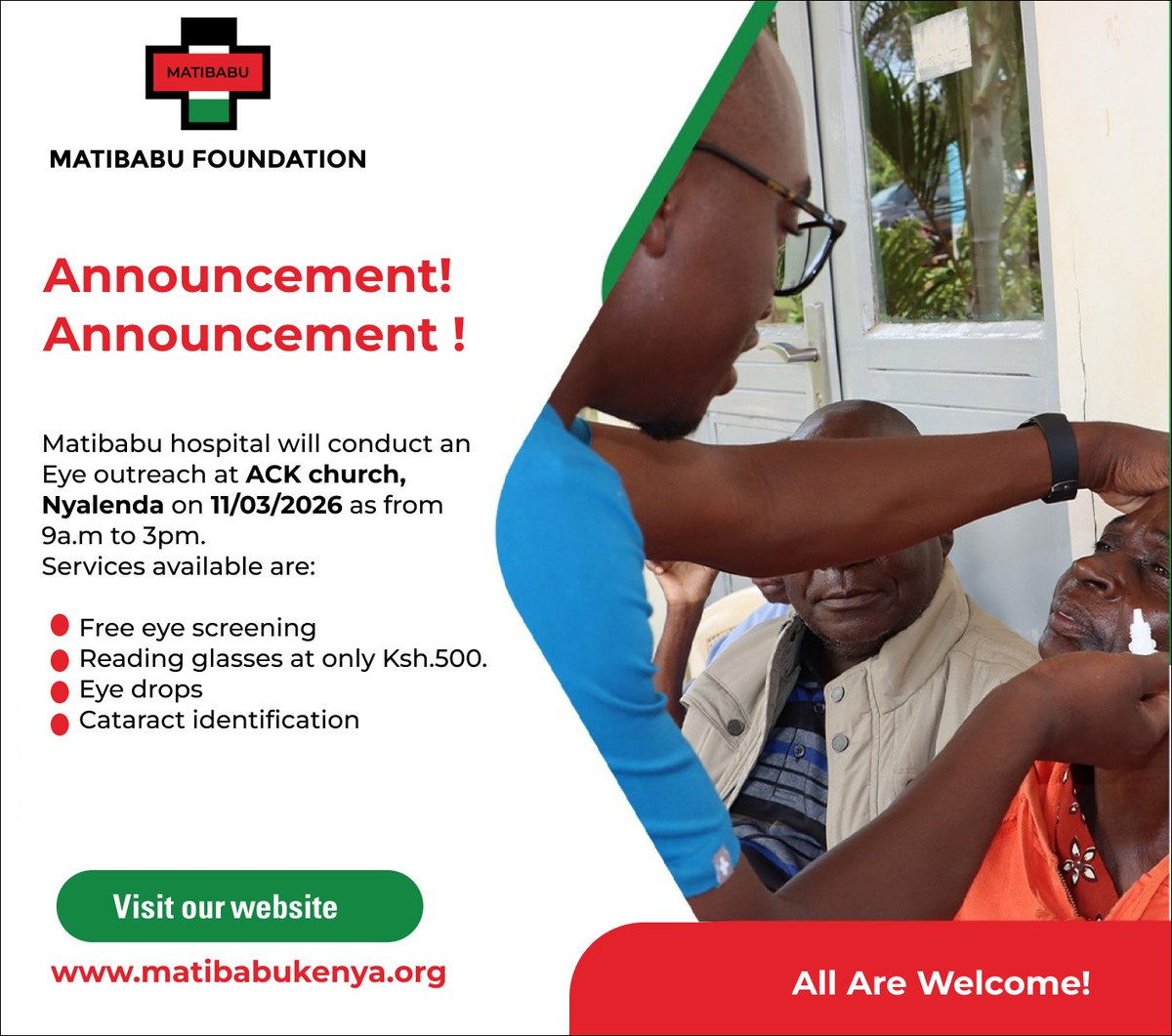 Matibabuinfor's tweet photo. Matibabu Foundation Community Eye Outreach March 2026

📍 Nyalenda – ACK Church | 11/03/2026
📍 Sega – Sega Dispensary | 12/03/2026
📍 Barober | 16/03/2026
⏰ 9:00 AM – 3:00 PM

All are welcome! https://t.co/4s4HWg9FZB