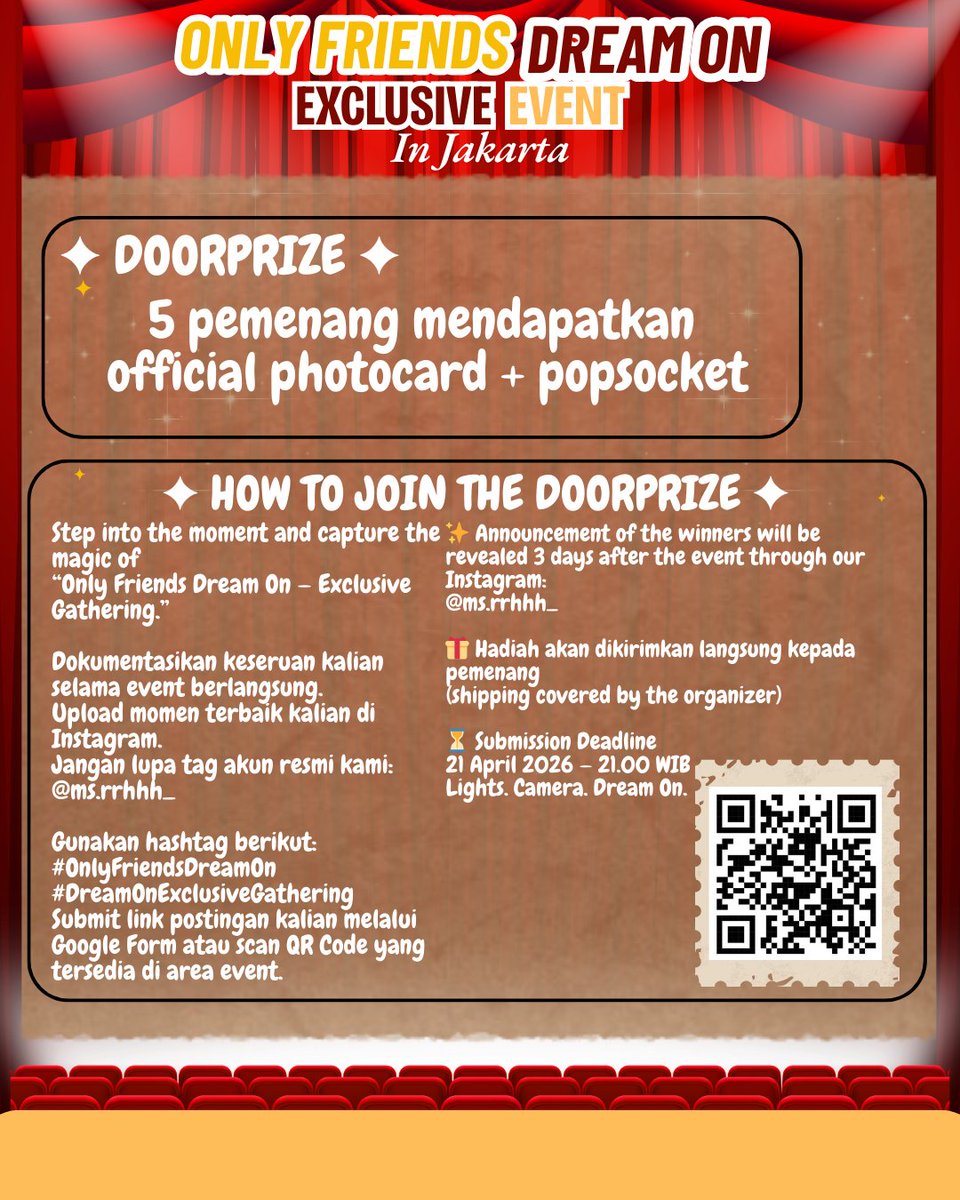 🎬✨ ONLY FRIENDS DREAM ON — EXCLUSIVE EVENT IN JAKARTA

Lights, camera… Dream On! 🌙💫

Saatnya kita kumpul bareng dan merasakan kembali momen dari Only Friends dalam sebuah exclusive fan gathering yang intimate, seru, dan pastinya penuh kenangan manis! 🫶🏻

Nikmati suasana cafe