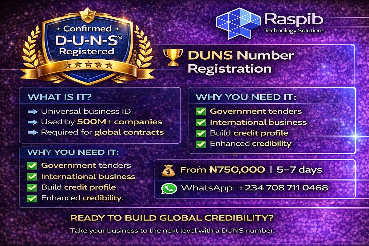 raspibtech's tweet photo. Build global credibility with a DUNS Number 🌍

✔ Government tenders
✔ International partnerships
✔ Business credit profile
✔ Trusted business identity

💰 From ₦750,000 | ⏱ 5–7 days

Contact us on WhatsApp
📲 +234 708 711 0468

#DUNS #BusinessGrowth #GlobalBusiness https://t.co/qOdjNPF1oL