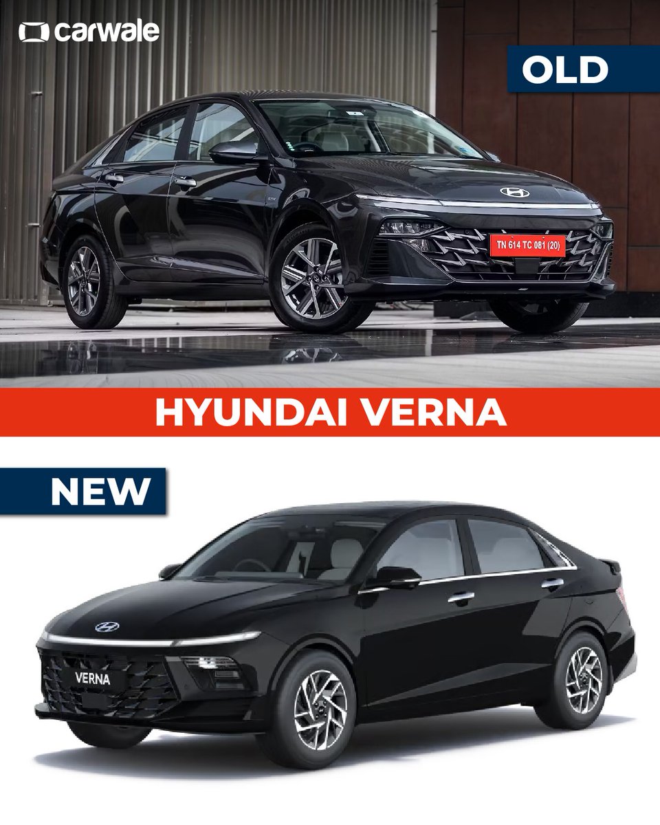 CarWale's tweet image. The #Hyundai #Verna has evolved with a sharper design, updated styling, and more modern elements compared to its predecessor. But how big is the transformation?

Swipe through to see the old vs new Hyundai Verna and tell us which design you like more. 👀👇

#carousel #cwphotos