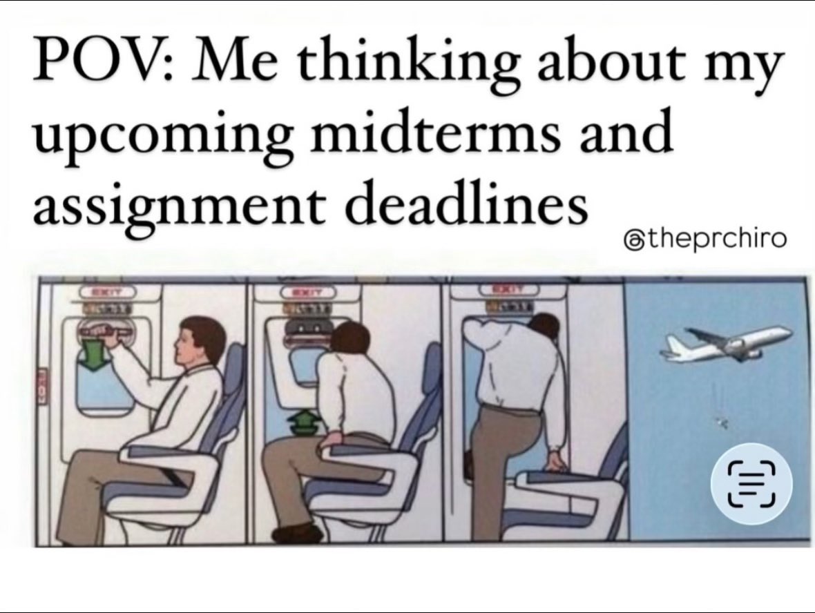 kimiameow's tweet image. my mind as a college student :

assignment deadlines ⏱️
upcoming midterms 📝
group projects 👩‍💻

but don’t forget to taking care of your mental health. GPA is important but your mental health is importanter 👀

#collegelife #mentalhealtawareness