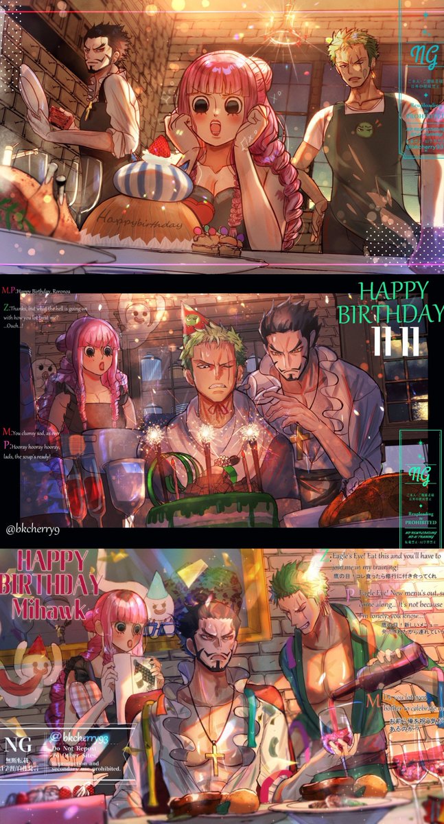 bkcherry93's tweet photo. ミホークの誕生日のお祝い絵完成して3人揃ったのでシッケアール組の誕生日まとめてみた🦅👻⚔️ 𐙚🎂₊ ⊹

#ONEPIECE https://t.co/qyijqpOBdn