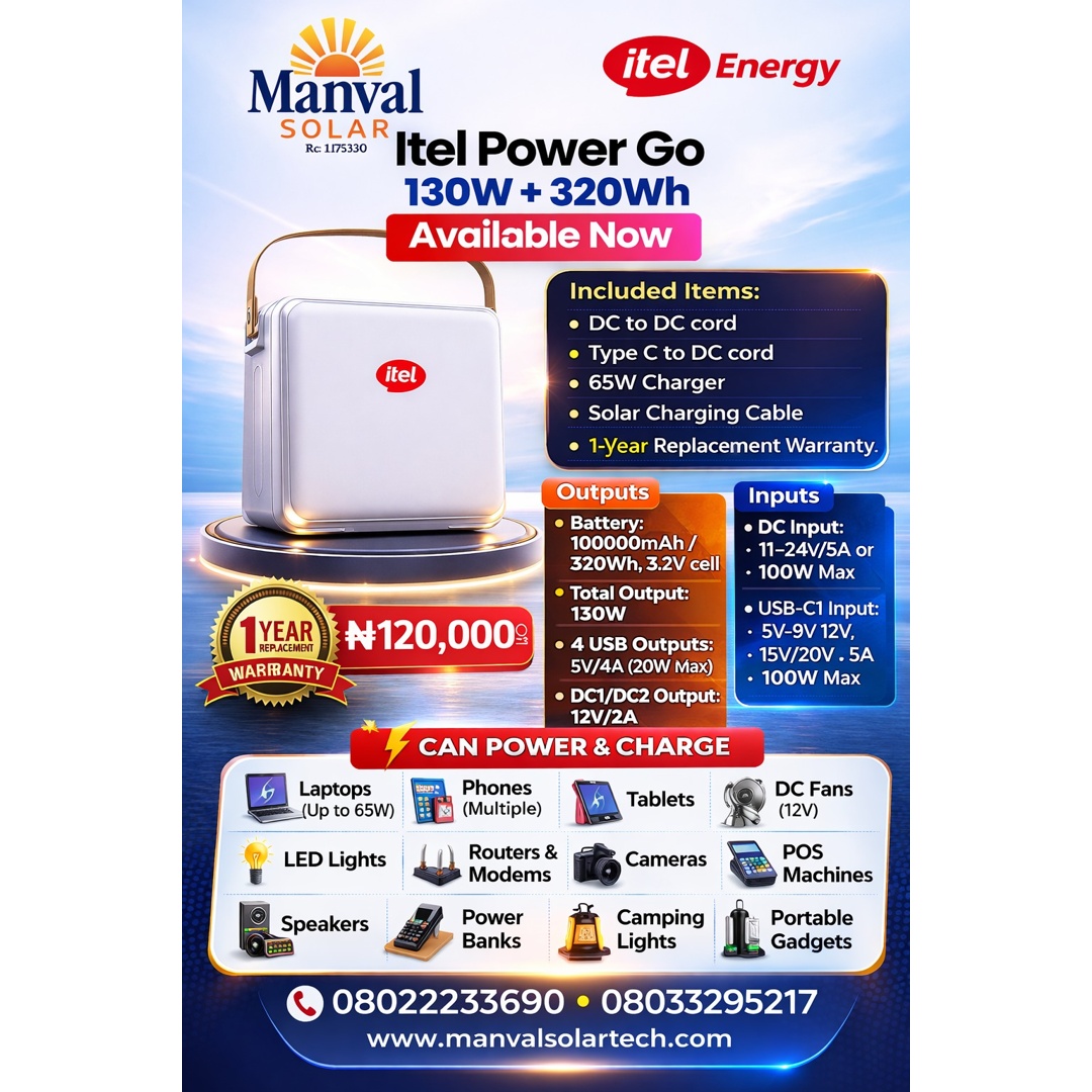 SolarManval's tweet photo. No light? Stay powered.

itel Power Go (130W + 320Wh) powers laptops, phones, routers, lights &amp; more.

🔋 Portable backup power
☀️ Solar charging supported
🛡 1-Year warranty
💰 ₦120,000
📞 08022233690 | 08033295217 https://t.co/Ayn1swh5fj