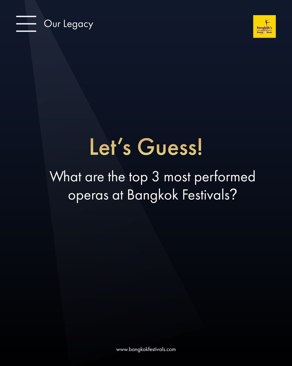 "โอเปรา 3 เรื่องที่แสดงบ่อยที่สุด" ในงานมหกรรมศิลปะการแสดงและดนตรีนานาชาติ กรุงเทพฯ มีเรื่องอะไรบ้าง?
ลองคอมเมนต์มาด้านล่างได้เลย
Visit us on the website to see more of our legacy : bangkokfestivals.com
#bangkokfestivals #AFestivalForAll #bangkokfestivalslegacy