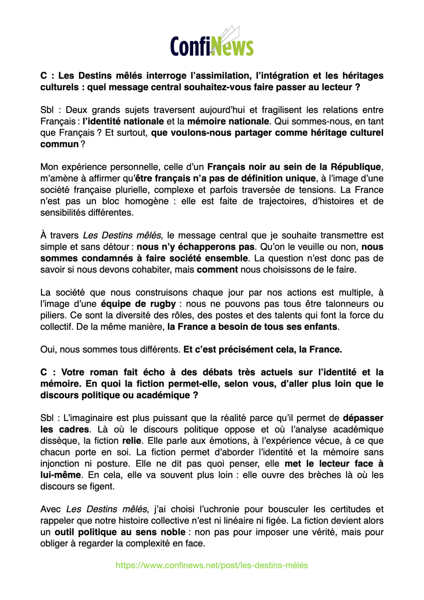 steve_sbl's tweet photo. 🎙️ INTERVIEW du jour :
🗣 Une interview consacrée au roman-uchronie : #Lesdestinsmêlés est parue dans Confinews.  
Un grand merci à #BriceSoccol pour avoir rendu cela possible.🙏
ℹ️ Confinews : https://t.co/4z4xxwDoWp
🎙️ interview #SteveBoumbouLiotta :
https://t.co/vBVqeT6F5w https://t.co/4sMnuF1jLN