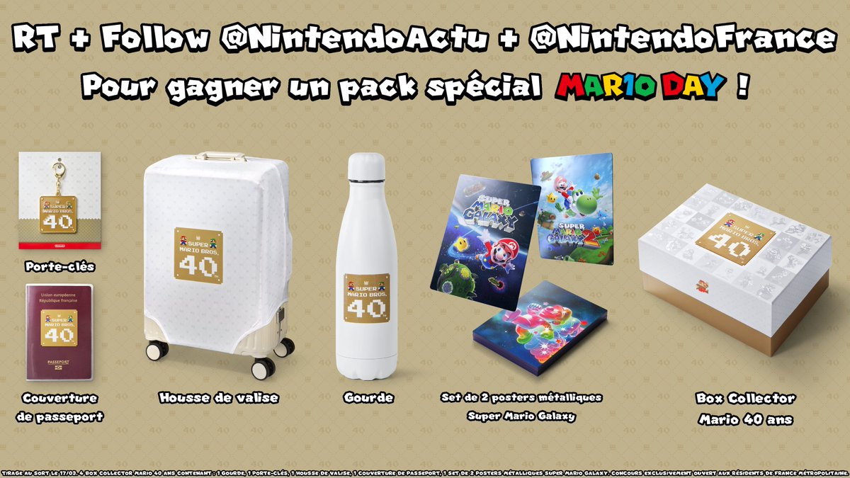 [CONCOURS 🎁] Tentez de gagner une box collector Mario 40 ans remplie de goodies pour fêter le MAR10 Day !

Pour participer :
- RT + Follow <a href="/NintendoActu/">Nintendo Actu</a> et <a href="/NintendoFrance/">Nintendo France</a>
- Commente ton jeu Mario préféré avec le #Mario40 !

4 gagnants ! Tirage le 17/03.