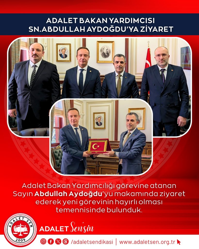 Adalet Bakan Yardımcılığı görevine atanan Sayın Abdullah Aydoğdu’yu makamında ziyaret ederek hayırlı olsun temennisinde bulunduk.

Başkan Vekilimiz Sayın Mehmet Kasapoğlu ve Başkan Yardımcımız Sayın Emre Pehlivan ile gerçekleştirdiğimiz ziyarette, Sayın Bakan Yardımcımıza başarı