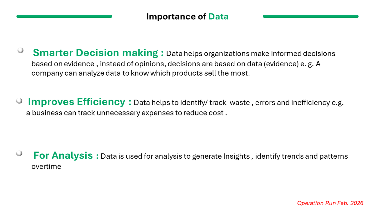 Olanrewaju_gab's tweet photo. Day 1 of Operation Run Free Data Analysis Training.
We began with the foundation of everything - Data.
We discussed:
• What data is
• Types of data
• Why data matters
• How data is collected and stored
👇
#Datafam #DataAnalytics #Excel #OperationRun #CommunityImpact https://t.co/7EusDQZBFt