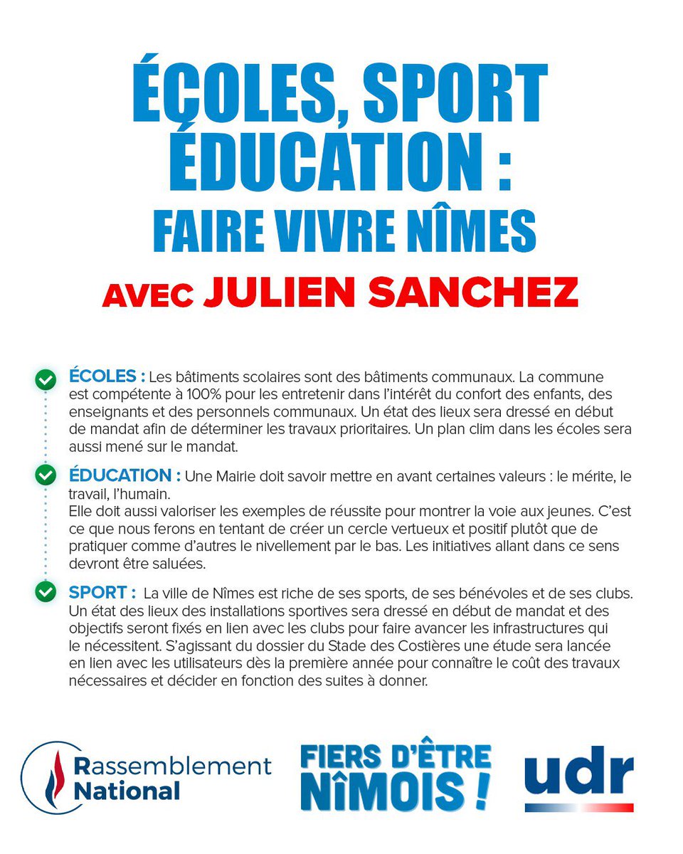 RN_gard's tweet image. Écoles, sport, éducation : Du concret, avec Julien Sanchez !

🏫 Plan de climatisation &amp;amp; de rénovation des écoles
🧒 Mise en valeur du mérite, du travail &amp;amp; de l’humain auprès des jeunes 
⚽️ Modernisation des équipements sportifs et lancement d’une étude sur le stade des Costières