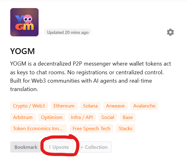 We launched YOGM on <a href="/DoraHacks/">DoraHacks</a>.

YOGM is a wallet-native P2P messenger where tokens unlock chat rooms and AI agents interact with communities.

Support the project - your vote helps build decentralized social infrastructure.

dorahacks.io/buidl/40455