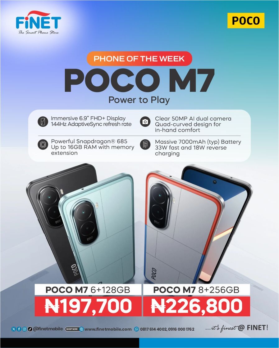 FinetMobile's tweet photo. The POCO M7 is our Phone of the Week, built for someone like you who needs speed, smooth multitasking, and a device that keeps up with your daily hustle.
Walk into FINET today and check out the POCO M7 before this spotlight deal ends. 🚀

🌐 https://t.co/gRK7PbyhPa

 #FINETMOBILE https://t.co/O1TilxGQIR