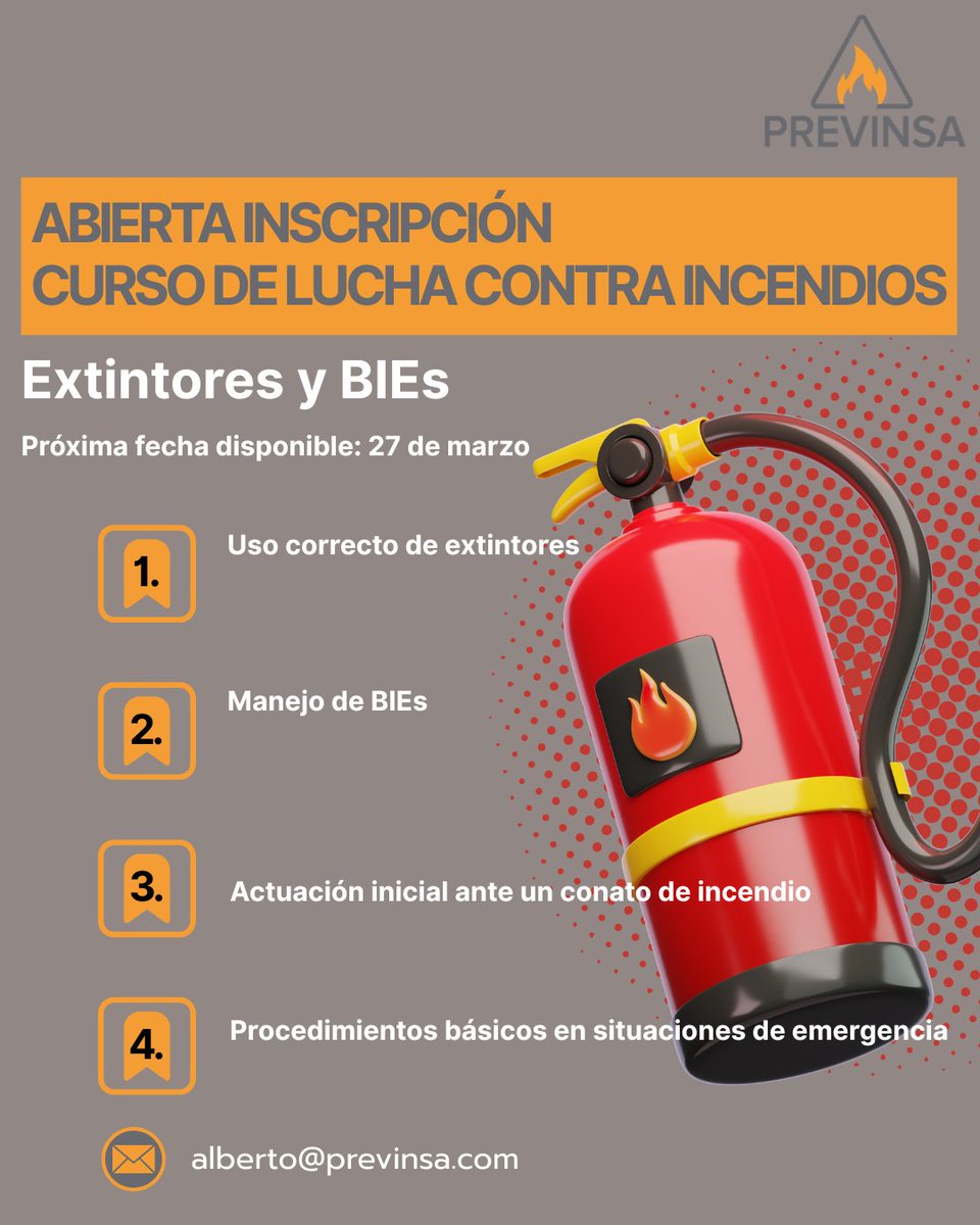 🚒 Curso de #LuchaContraIncendios (5h) Formación práctica en extintores y BIEs para actuar ante emergencias 📅 27 marzo📍 Centro PREVINSA – Arganda del Rey 💰 139 € + IVA ⚠️ Plazas limitadas
📩 Inscripciones: alberto@previnsa.com #Previnsa #FormaciónEnEmergencias #PRL