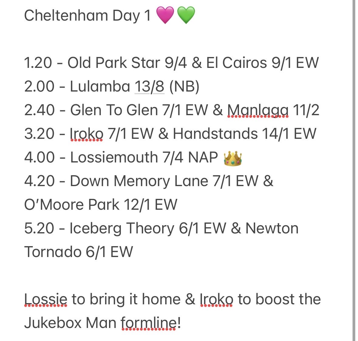 ColeLittle95's tweet photo. It’s that time of the year…the best week in the calendar has returned!

Day 1 selections 🐎
- Would love Lossie to win the Champion Hurdle.
- Chasing experience gets Lulamba in-front.
- Like the Iroko formline 🔥 https://t.co/ZnxFYecCZw