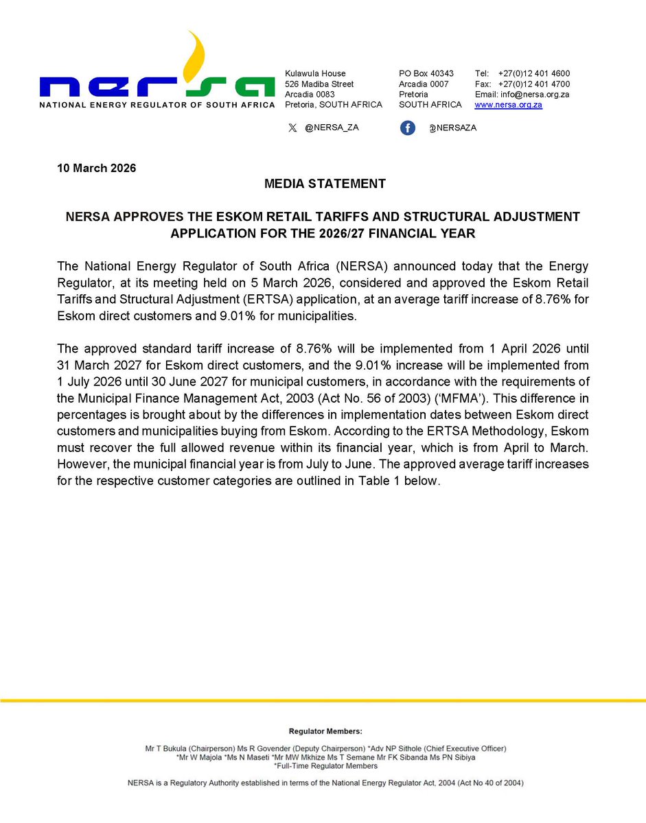 NERSA_ZA's tweet photo. Media Statement - NERSA approves Eskom Retail Tariffs and Structural Adjustment application for 2026/27 https://t.co/oIfFUiI2he