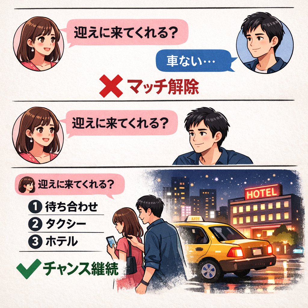 omepra14's tweet photo. 【マチアプの小技】

ヤリモク女子に多い
「迎えに来てほしい」

ここで正直に
「車持ってない」
って言うとマッチ解除される。

じゃあどうするか。

普通に待ち合わせして、そこからタクシーでホテル。

マチアプは その瞬間の温度感がすべて。

こういう“小技”を
瞬時に出せるかで結果が変わる。 https://t.co/vTaXmmF3dG