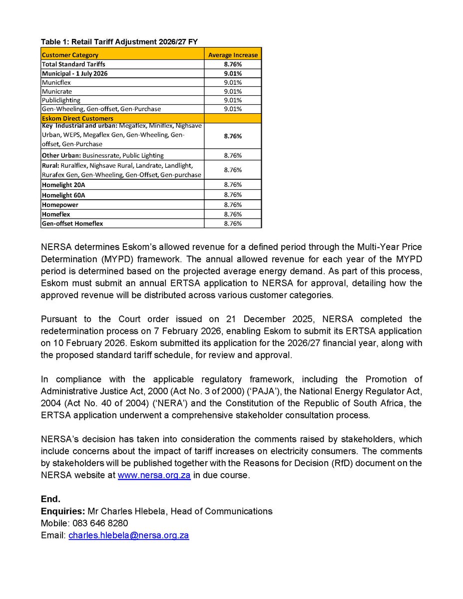NERSA_ZA's tweet photo. Media Statement - NERSA approves Eskom Retail Tariffs and Structural Adjustment application for 2026/27 https://t.co/oIfFUiI2he