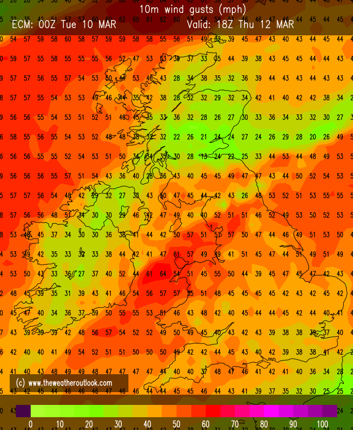 peacockreports's tweet photo. Looks like we'll avoid a severe windstorm on Thursday, with peak gusts generally in the 40-50 mph range inland &amp; 50-60 mph for western coasts.

Rainfall mostly unremarkable too, so I'm not expecting this to be a named storm. https://t.co/WRiYXpnai4