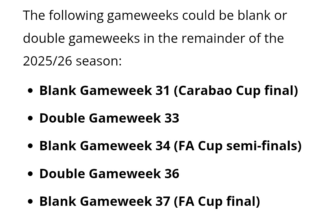 FFH_HQ's tweet photo. 🥶🔥 Blank / Double Gameweek Guide

🥶 Blank GW31
🔥 Double GW33
🥶 Blank GW34
🔥 Double GW36
🥶 Blank GW37

🔖 BOOKMARK this tweet - the article will be updated regularly with any new info 🙌

Snippet below... and read it all here 👉 https://t.co/SHNgKZKlQZ https://t.co/Y2vhx1MoX0