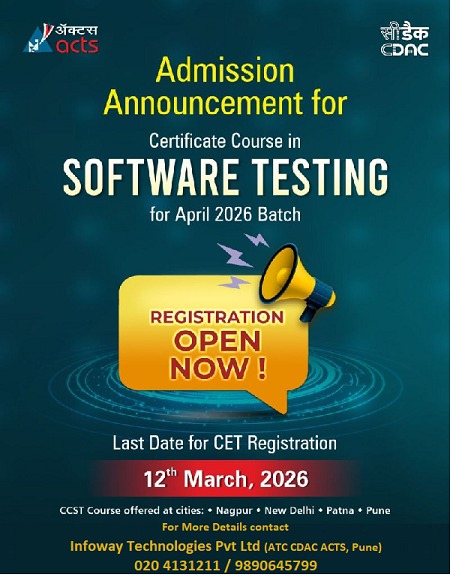 InfowayLtd's tweet image. 🚀 Kickstart your career in Software Testing with the CCST Certificate Course!
#SoftwareTesting #TestingCareer #CDAC #ACTS #ITCareer #TechTraining #SoftwareTester #CareerInTesting #TechEducation #CertificationCourse #TestingCourse #April2026Batch #InfowayTechnologies